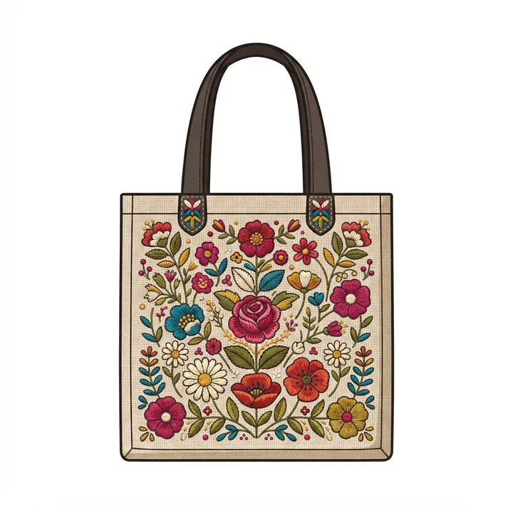 Bolsas de tela con flores bordadas dibujo — Diseño IA