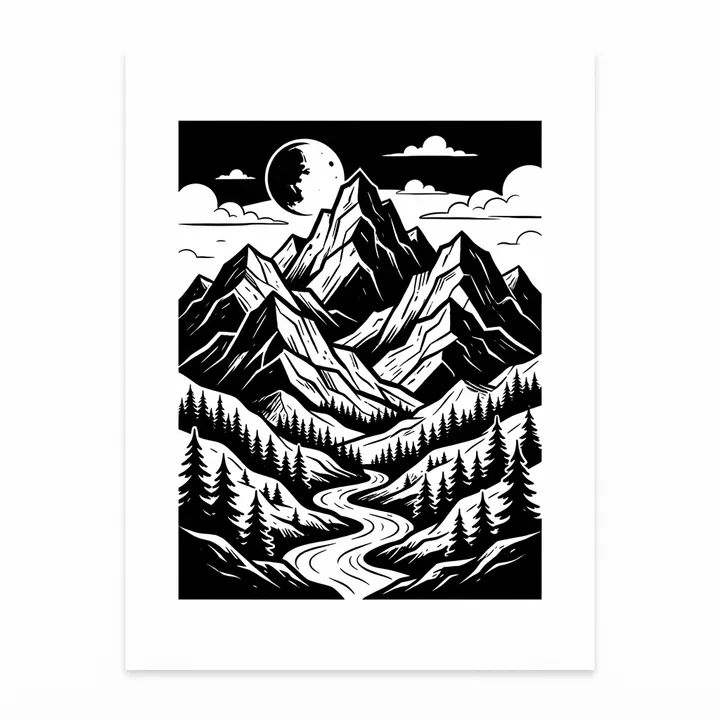 Poster paysage montagne noir et blanc — Design IA