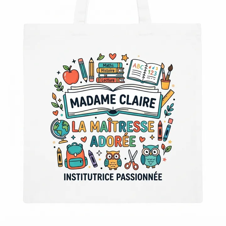 Tote bag personnalisé institutrice — Design IA